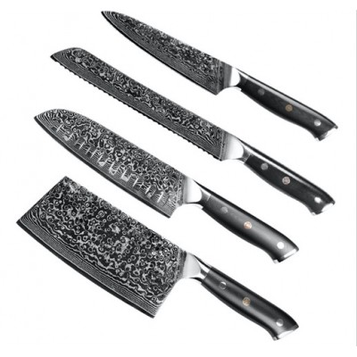 high quality damascus steel  chef  knife set  cleaver  bread  and slicer knife with G10 handles