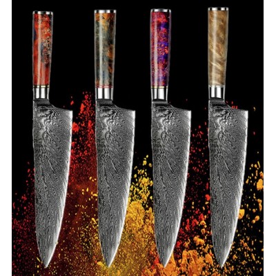 2020 best selling 8inch high quality 4 different colors luxury damascus steel  knife set with colorful hard wood handle