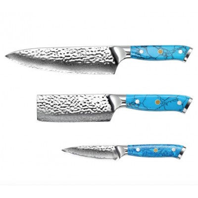 8inch high quality colors luxury 3pcs  damascus steel  knife set for kitchen &hotel with G10 handle